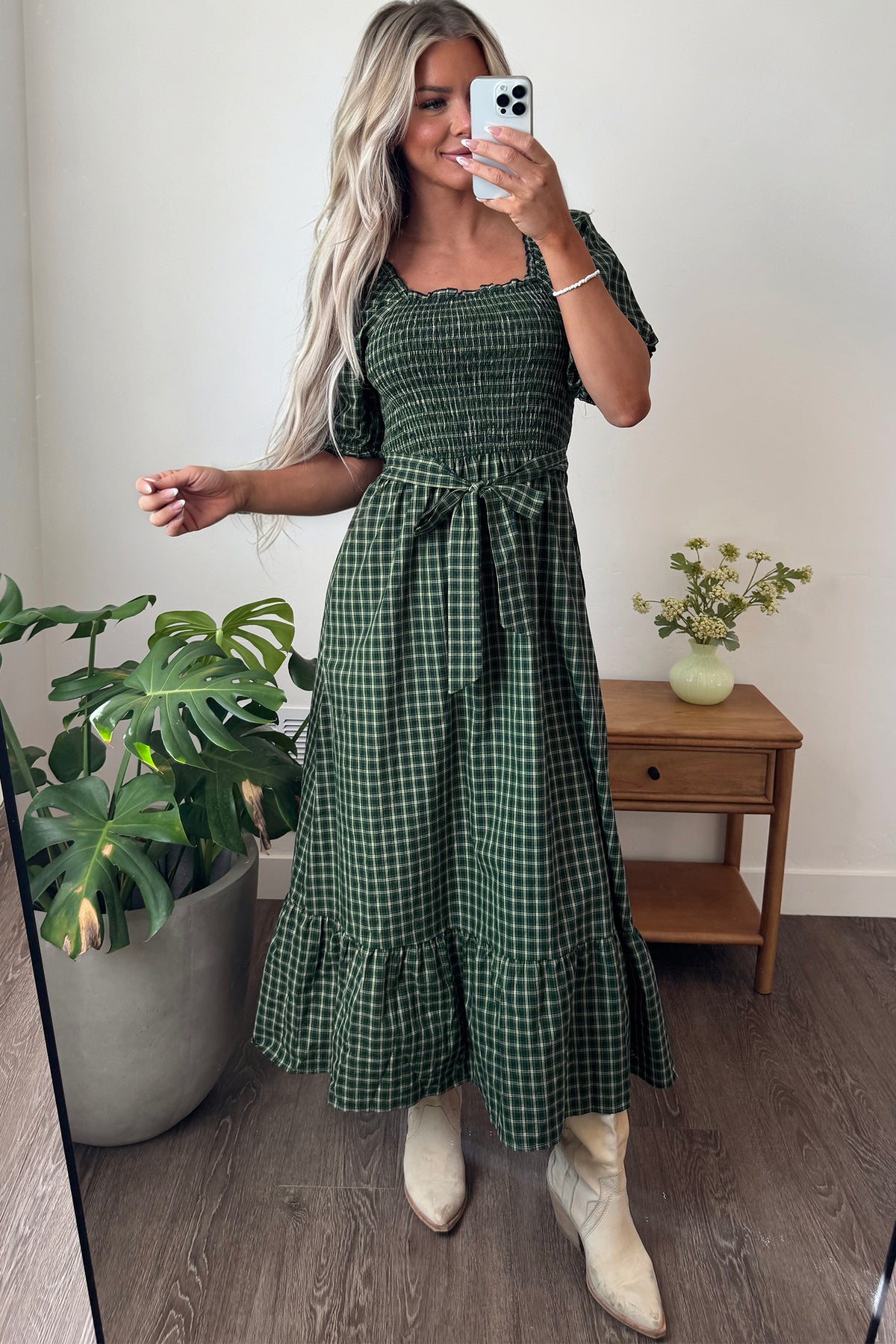 Green Plaid Ruffle Square-Neck Maxi Dress