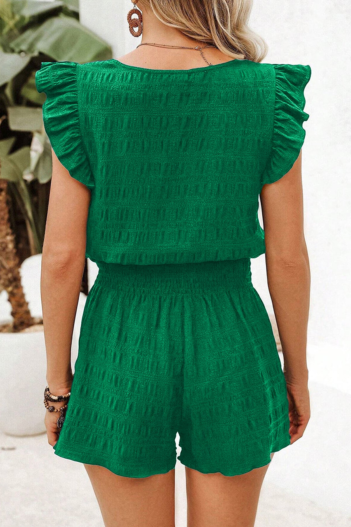 Women's Dark Green Textured Square Neck Top and Shirred High-Waist Shorts Set