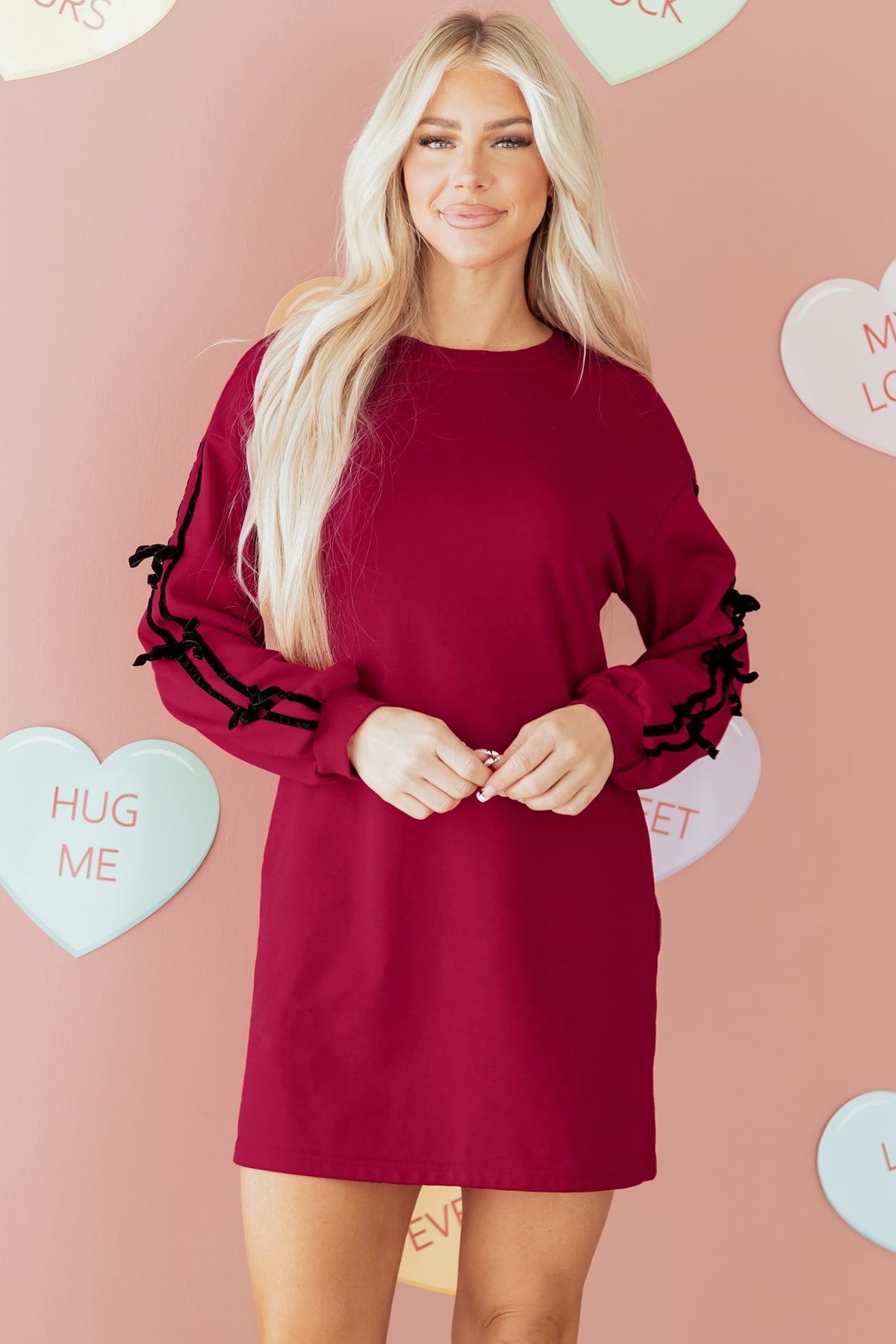 Racing Red Contrast Striped Bow Detail Sweatshirt Dress with Pockets