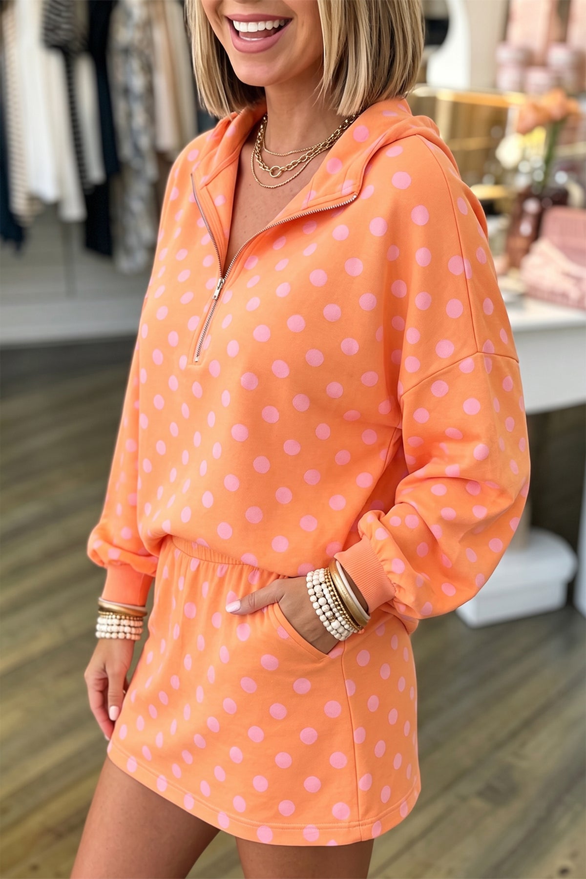 Women's Pink Polka Dot Hooded Long-Sleeve Top Casual Mini Skort Set