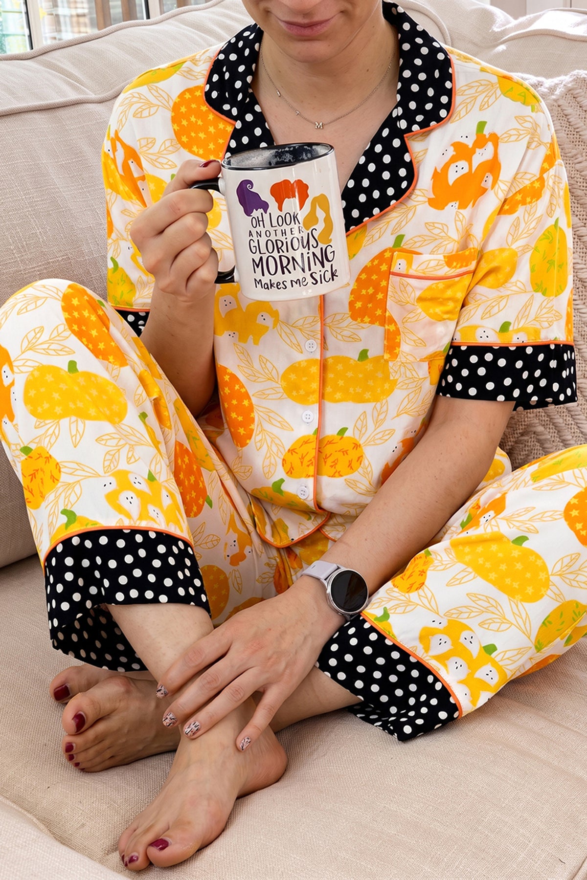 Orange Pumpkin Print Polka Dot Trim Short Sleeve Lounge Set