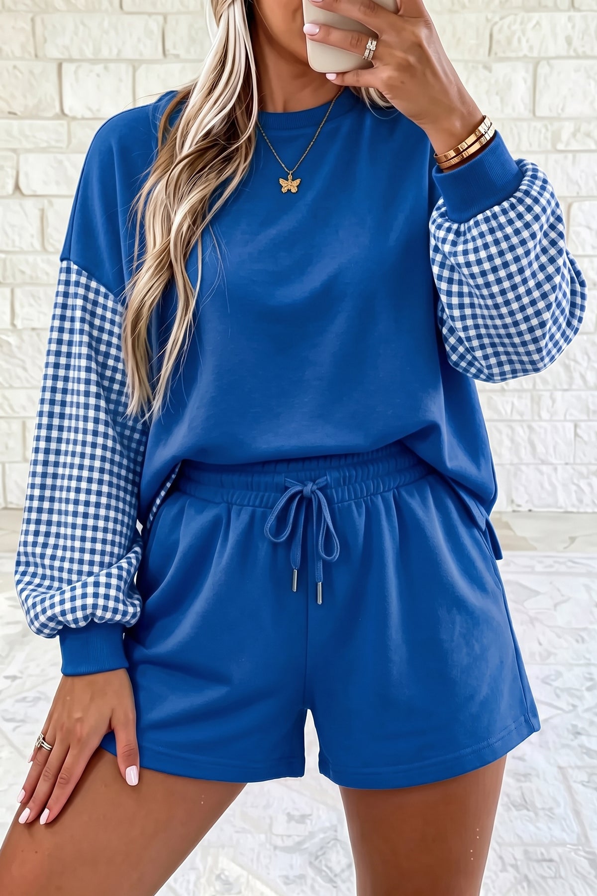 Women's Red Plaid Patchwork Long-Sleeve Top Solid Drawstring Shorts Set