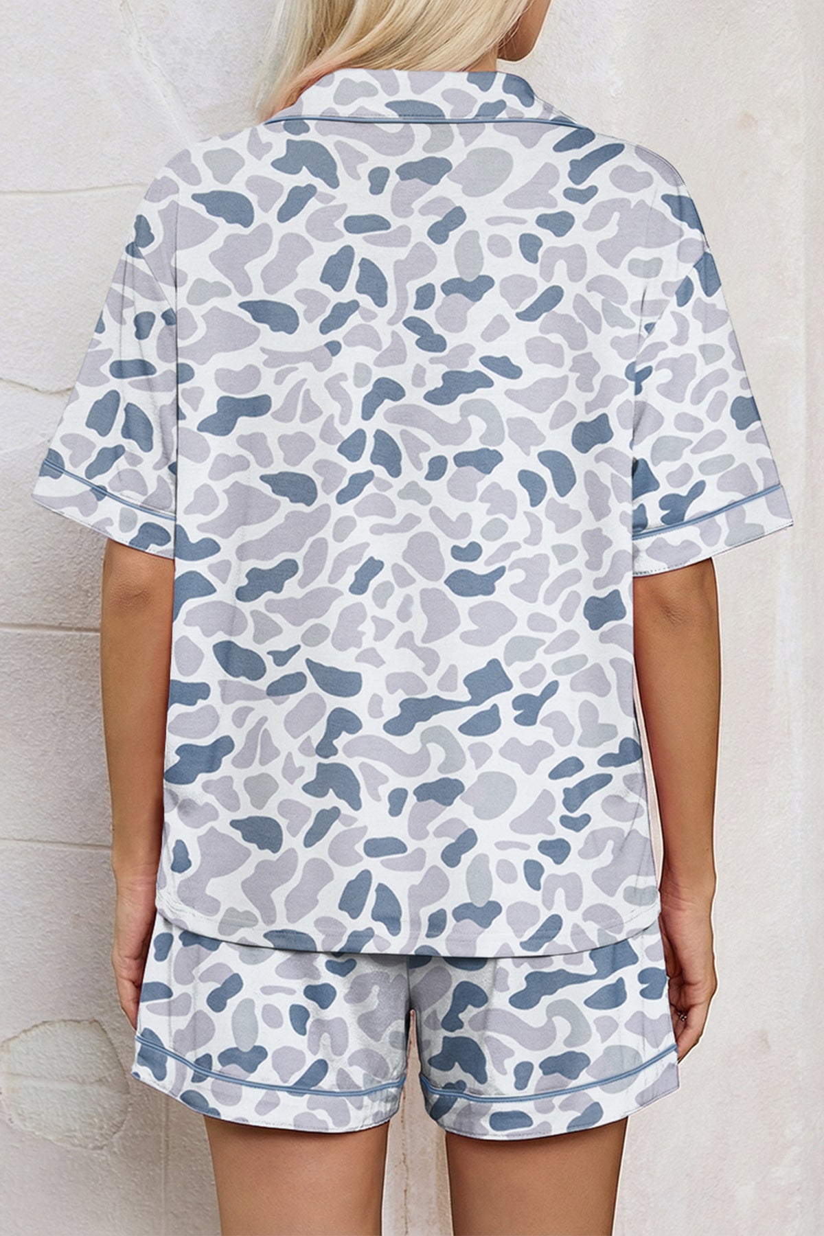 Beige Camouflage Print Lapel Shirt Drawstring Short Pajama Set
