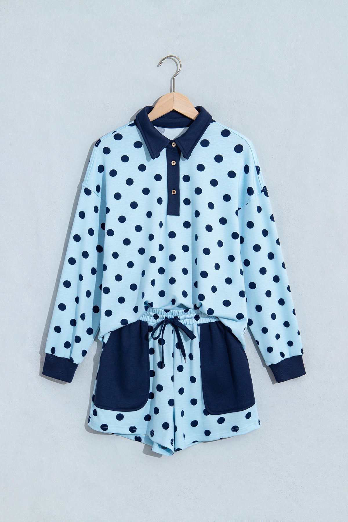 Women's Sky Blue Polka Dot Drop Shoulder Polo Loose Pullover Patch Pocket Casual Shorts Set
