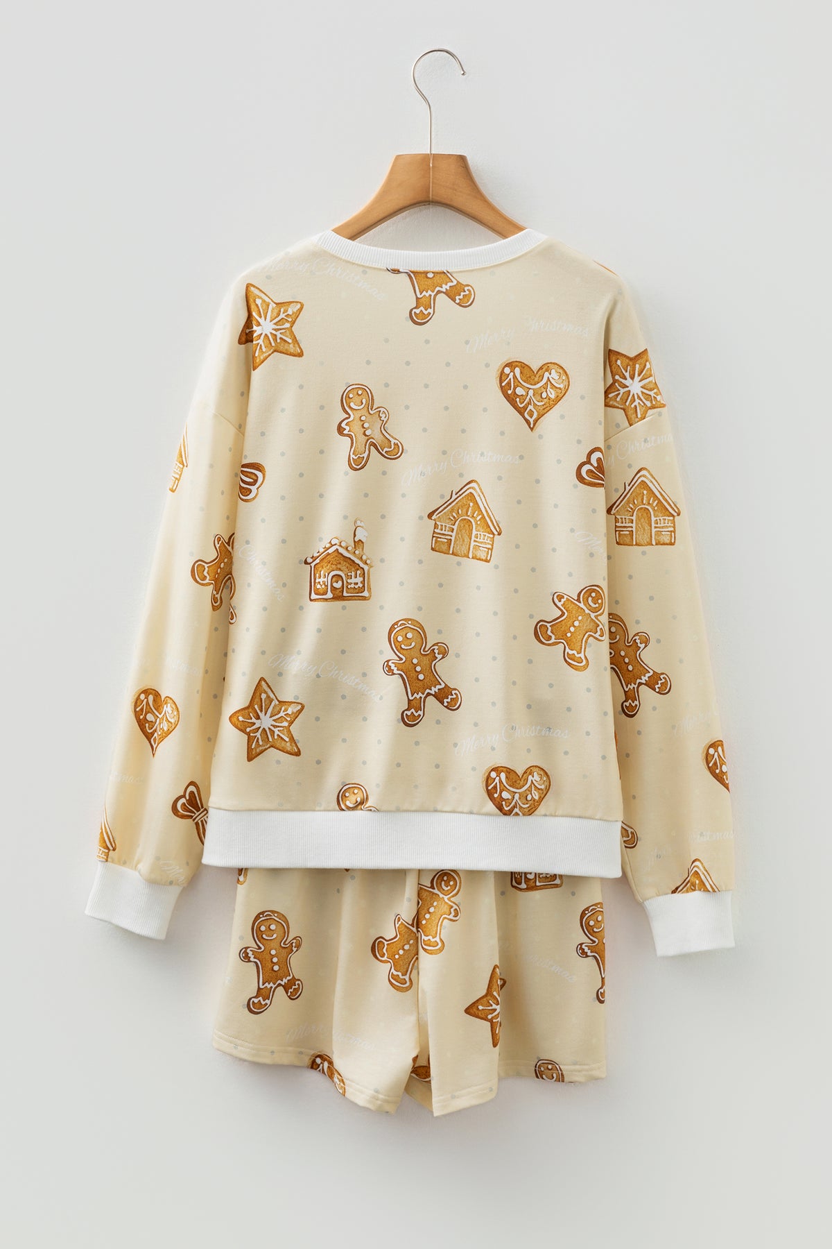 Beige Gingerbread Man Print Long Sleeve Pullover Lounge Shorts Set