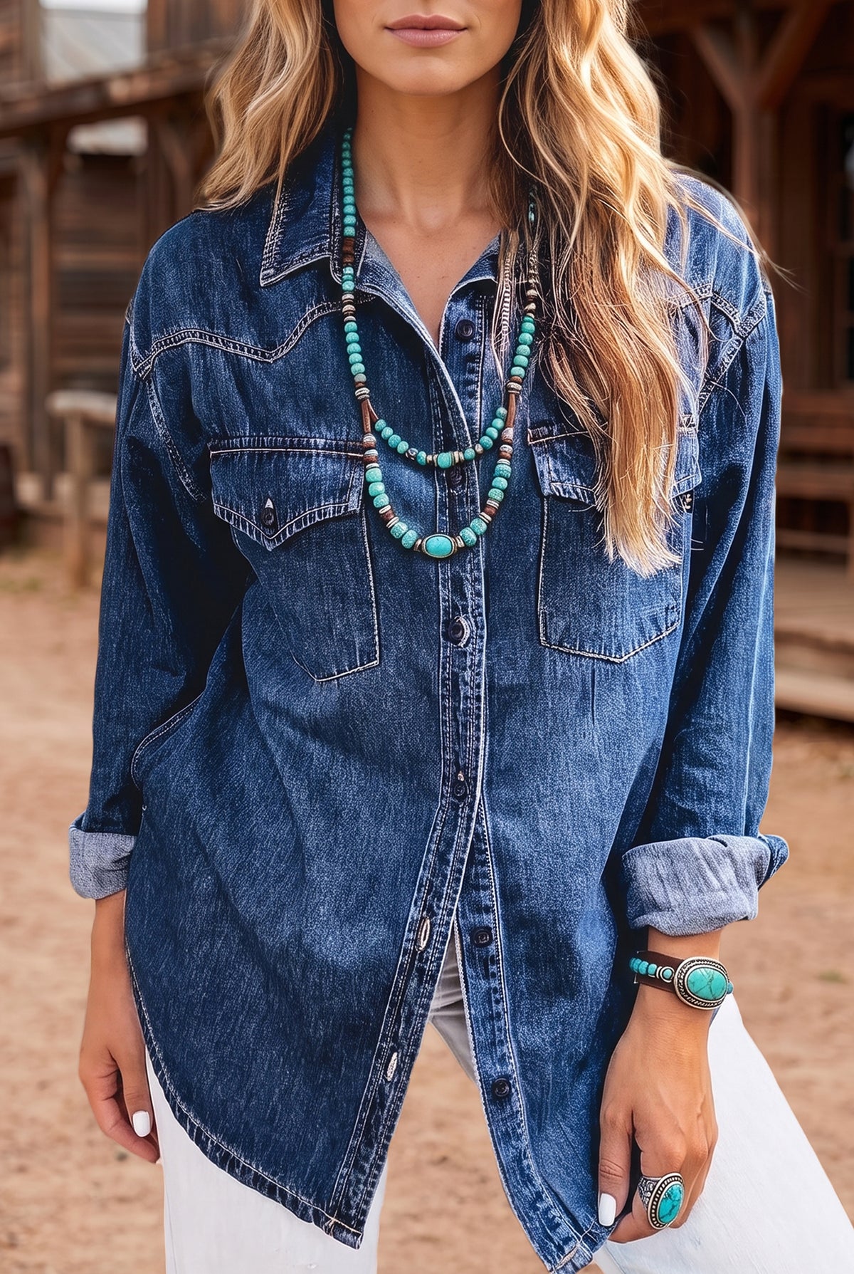 Sail Blue Western Patch Pockets Tunic Length Denim Shirt