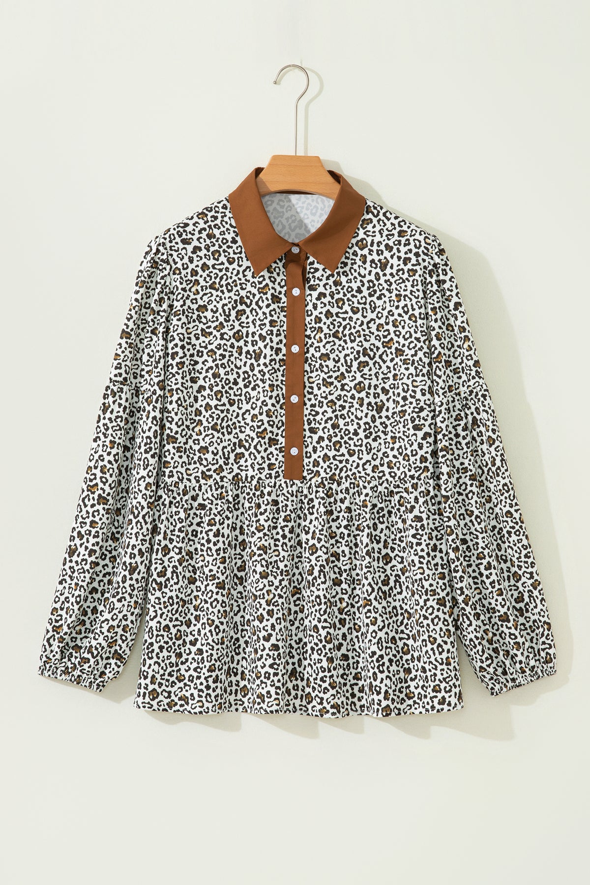 Khaki Plus Size Buttoned Contrast Trim Puff-Sleeve Leopard Print Blouse