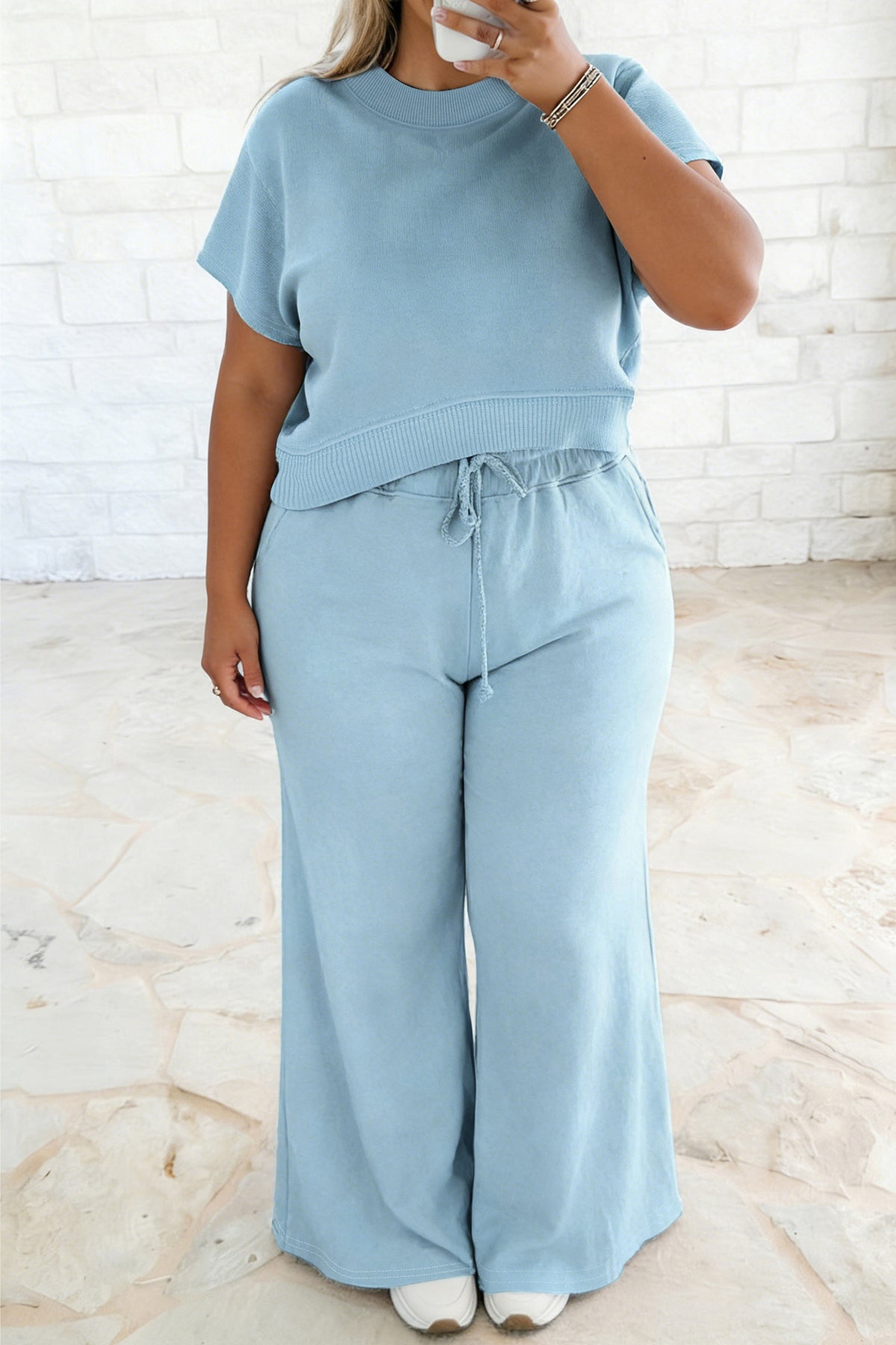 Mist Blue Solid Color Ribbed Trim Short-Sleeve Top Drawstring Loose Pants 2pcs Outfit