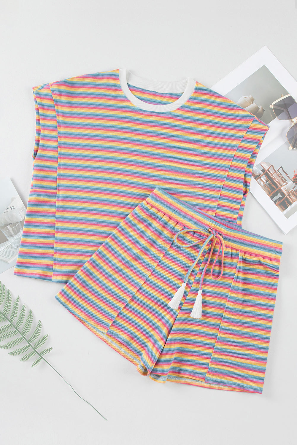 Women's Pink Stripe Crewneck Tee and Tasseled Shorts Set