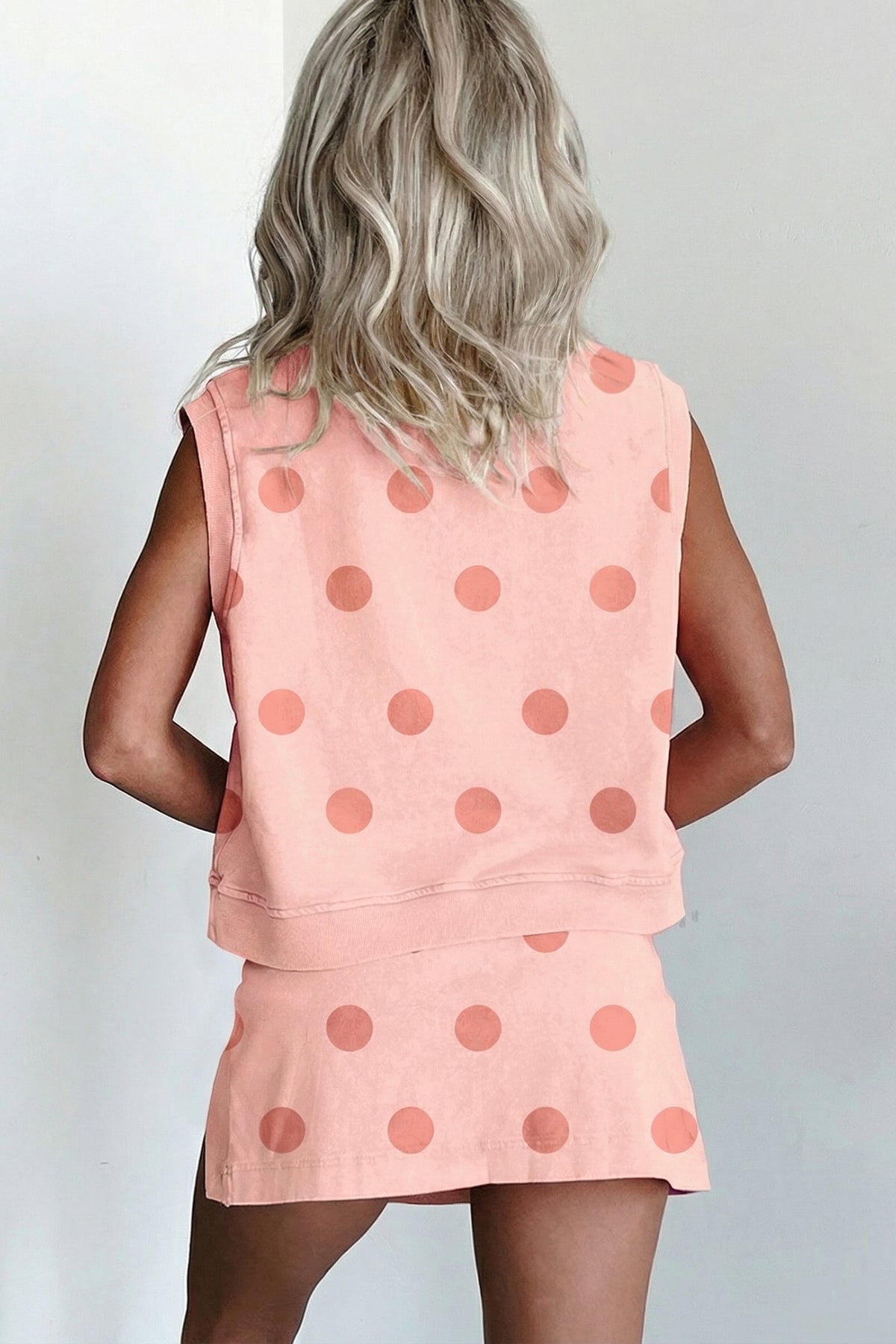White Ribbed Trim Polka Dot Print Tank Split Mini Skort 2pcs Set