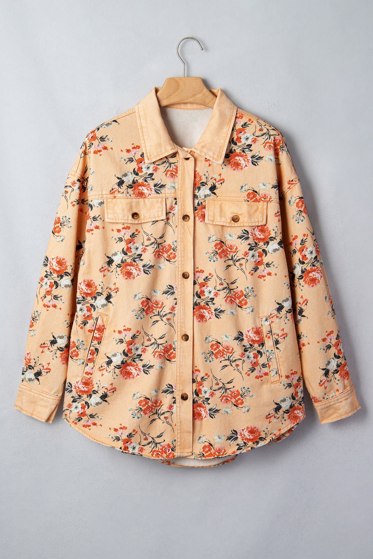Khaki Floral Print Long Sleeve Denim Jacket Tunic Length Daily Wear