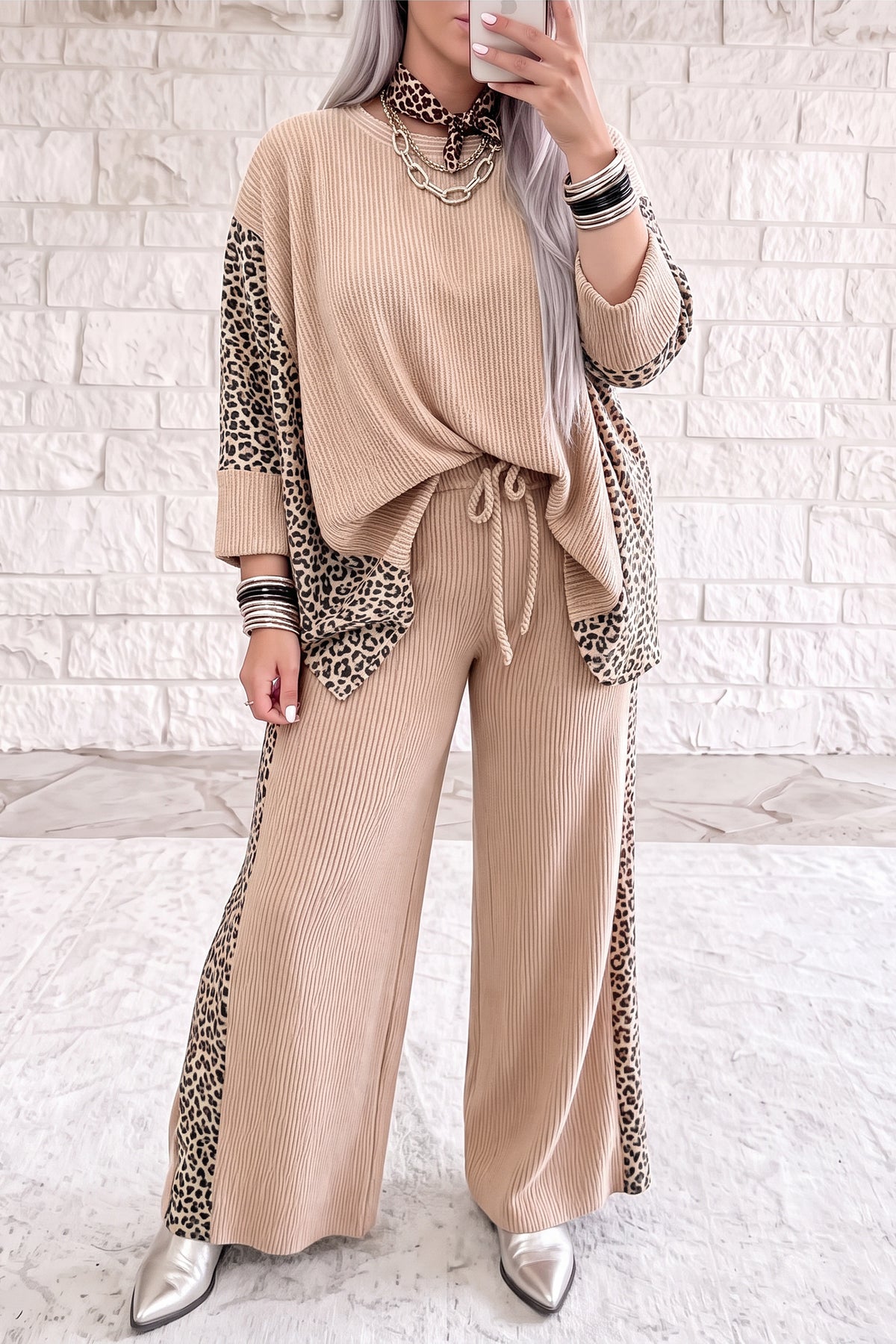 Women's Parchment Leopard Print Twisted Ribbed Patchwork Long-Sleeve Top Loose Pants Set
