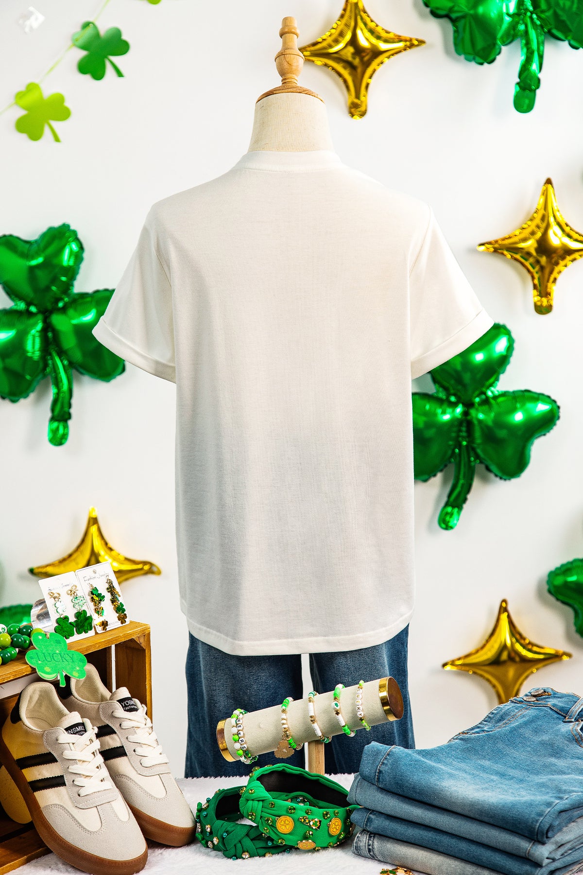 White St Patricks Day Sequin Graphic Casual T-Shirt