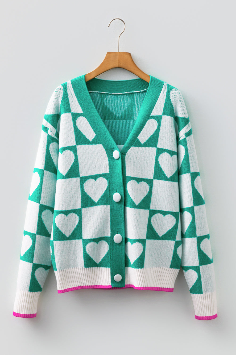 Sea Green Plaid Heart Knit V Neck Button Down Sweater Cardigan