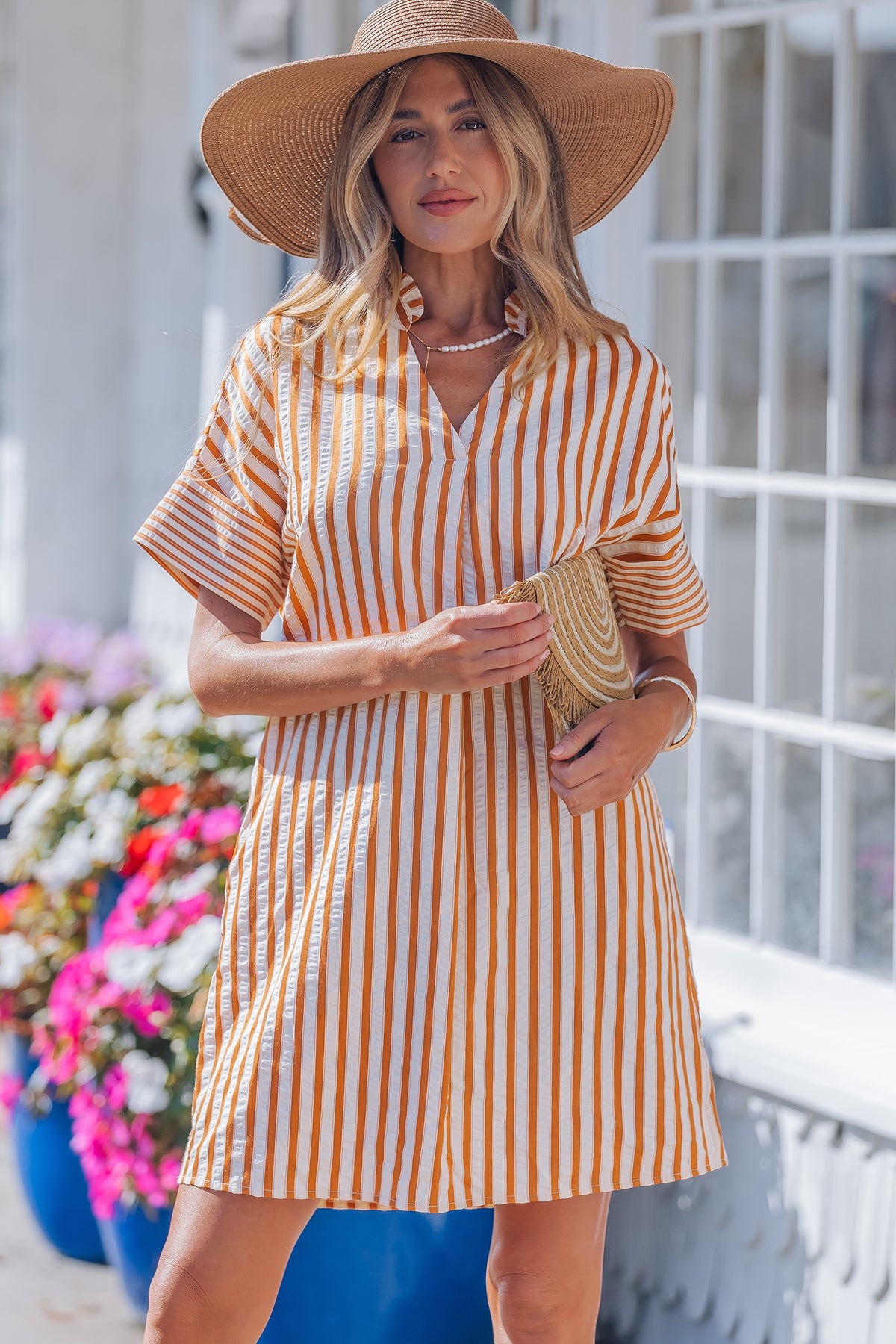 Brown Stripe V-Neck Mini Dress