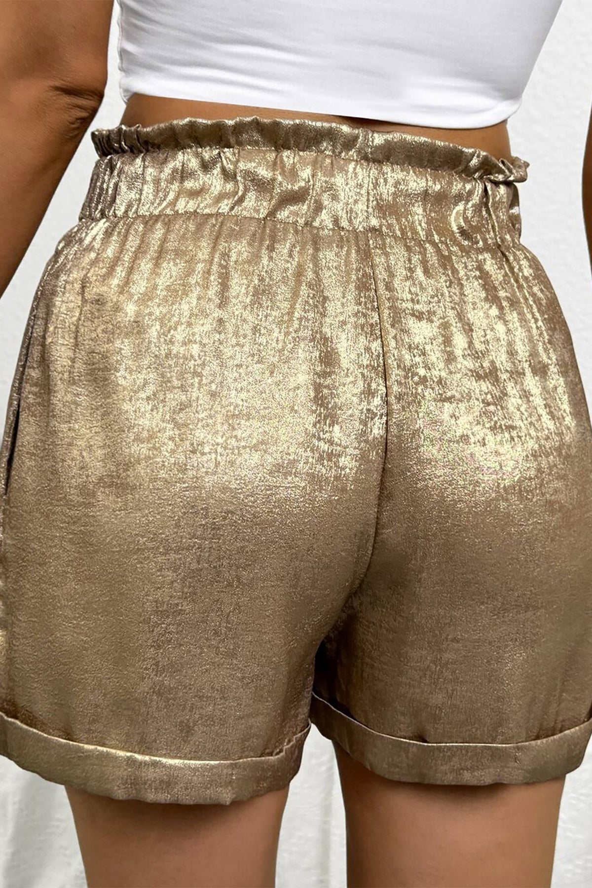 Gold Metallic Luster Tie Elastic Waist Cuffed Hem Shorts