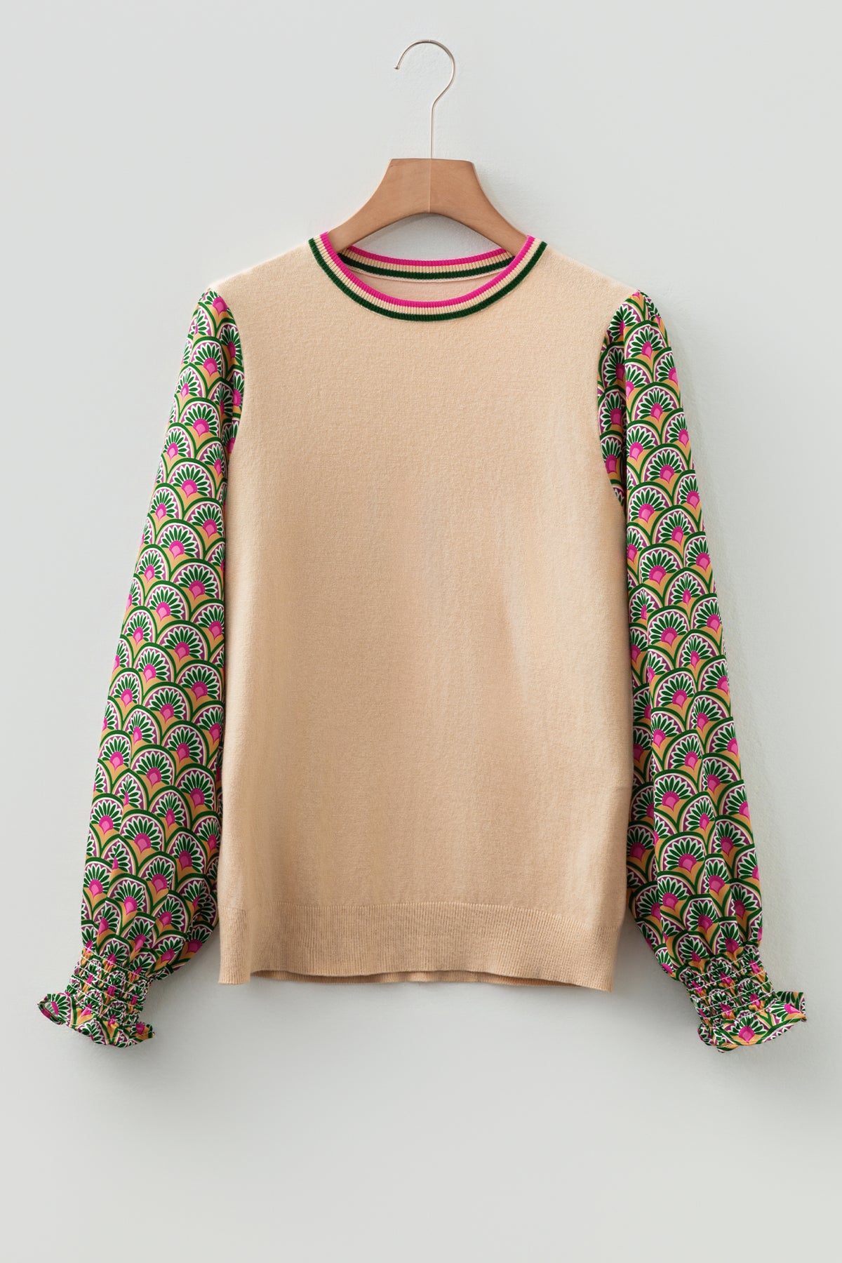 Apricot Floral Patchwork Shirred Cuff Puff Sleeve Sweater