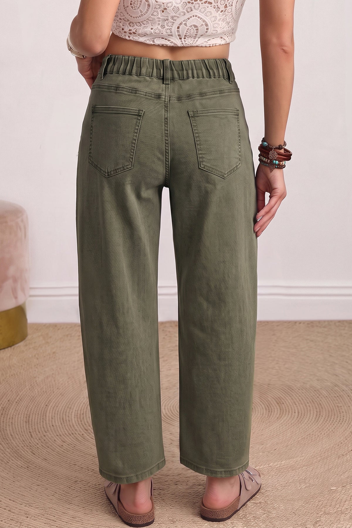 Four Leaf Clover Solid Square Patch Pocket Ankle-length Barrel Jeans