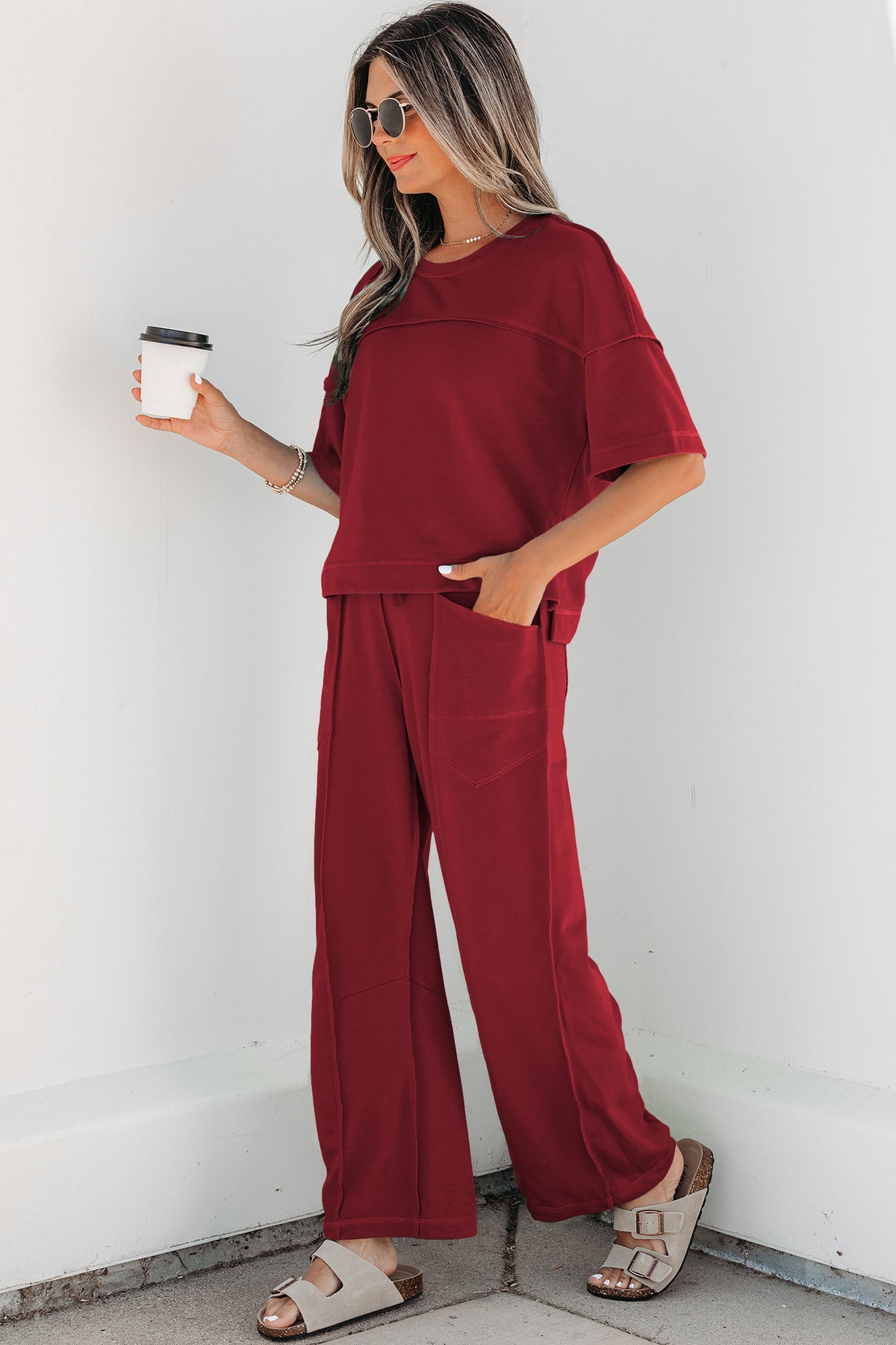 Women's Rose Red Drop Shoulder Boxy Tee and Barrel Pants Set