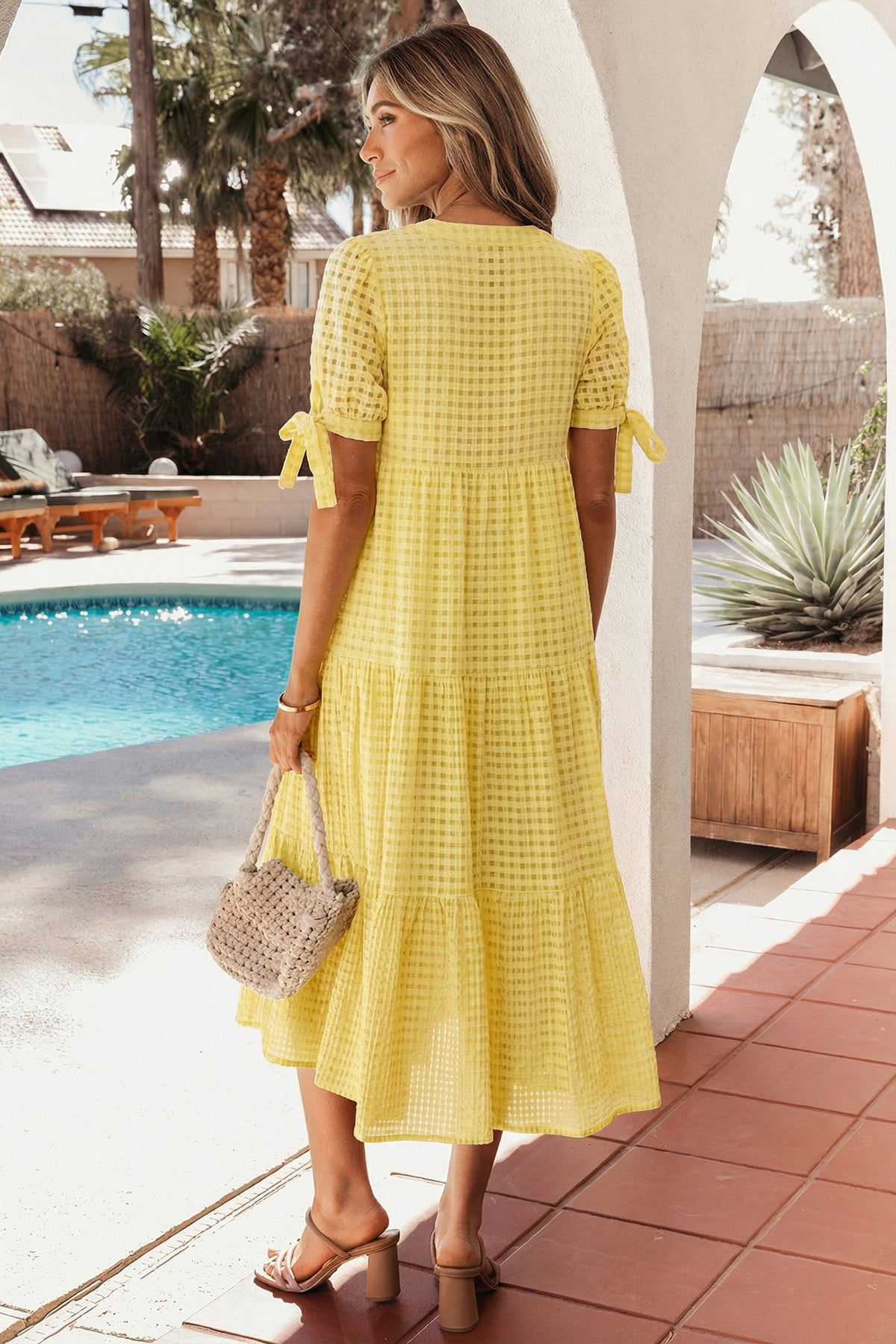 Vanilla Yellow Plaid Bow Midi Dress