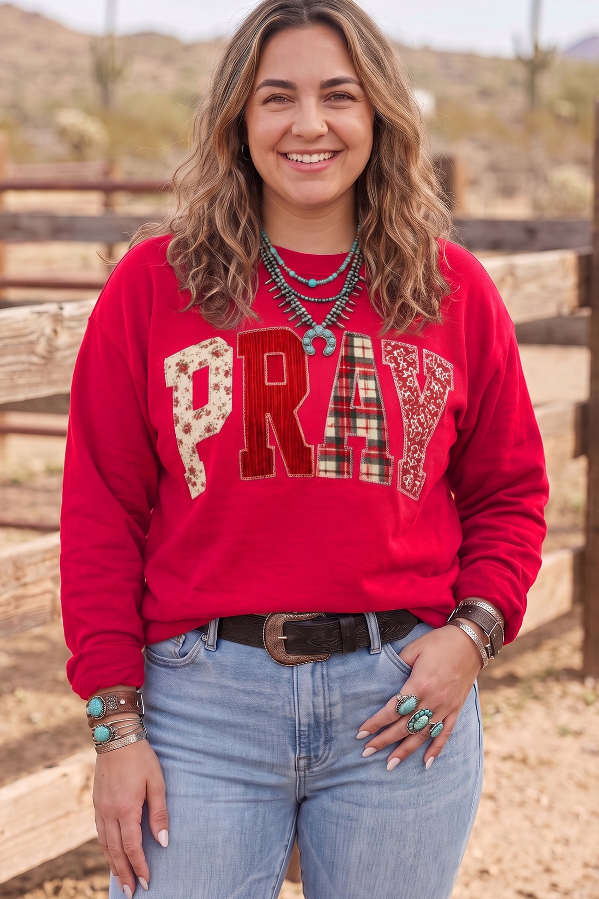 Fiery Red PRAY Letter Patchwork Round Neck Long Sleeve Plus Size Sweatshirt