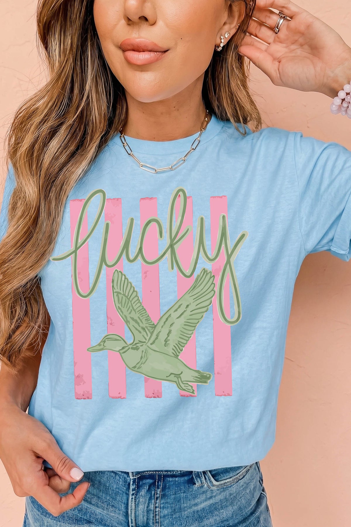 Light Blue Lucky Duck Print Casual Round Neck T-Shirt
