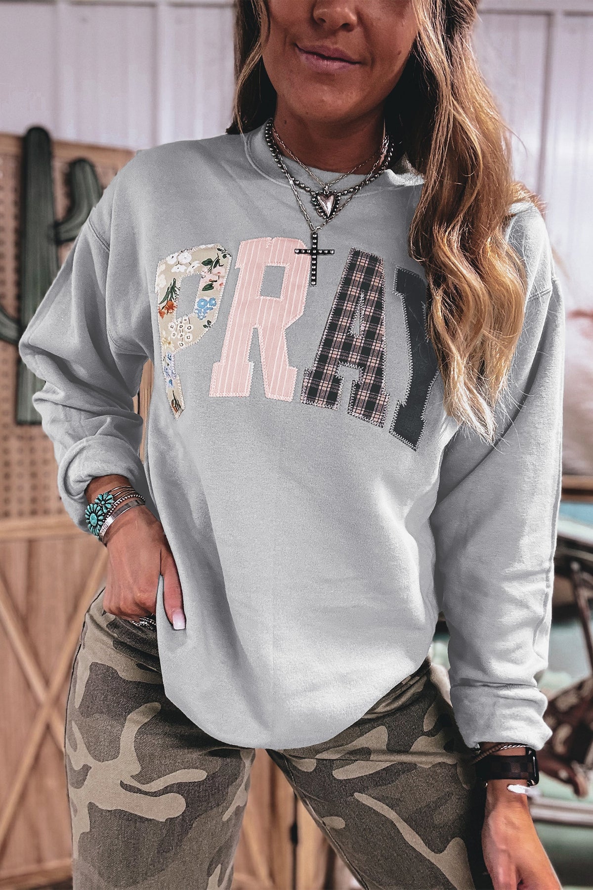Parchment Floral Buffalo Plaid Striped Sweatshirt