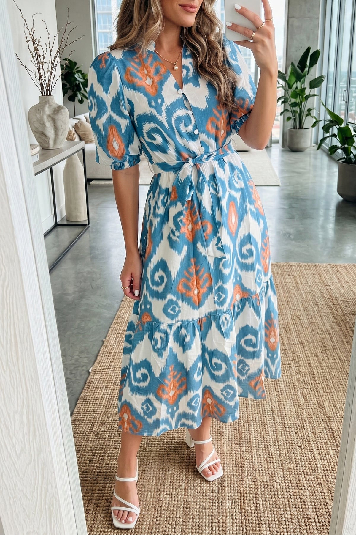 Sky Blue Boho Floral Print Short Puff Sleeve Ruffle Hem Midi Dress