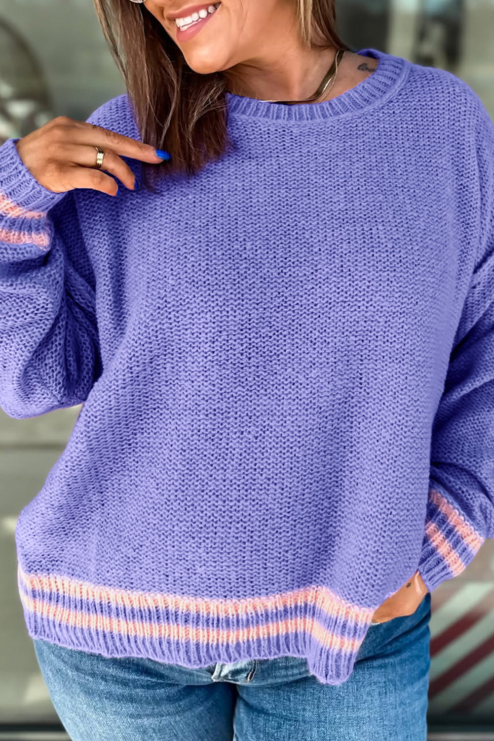 Wisteria Plus Size Striped Trim Drop-Shoulder Knit Loose Sweater