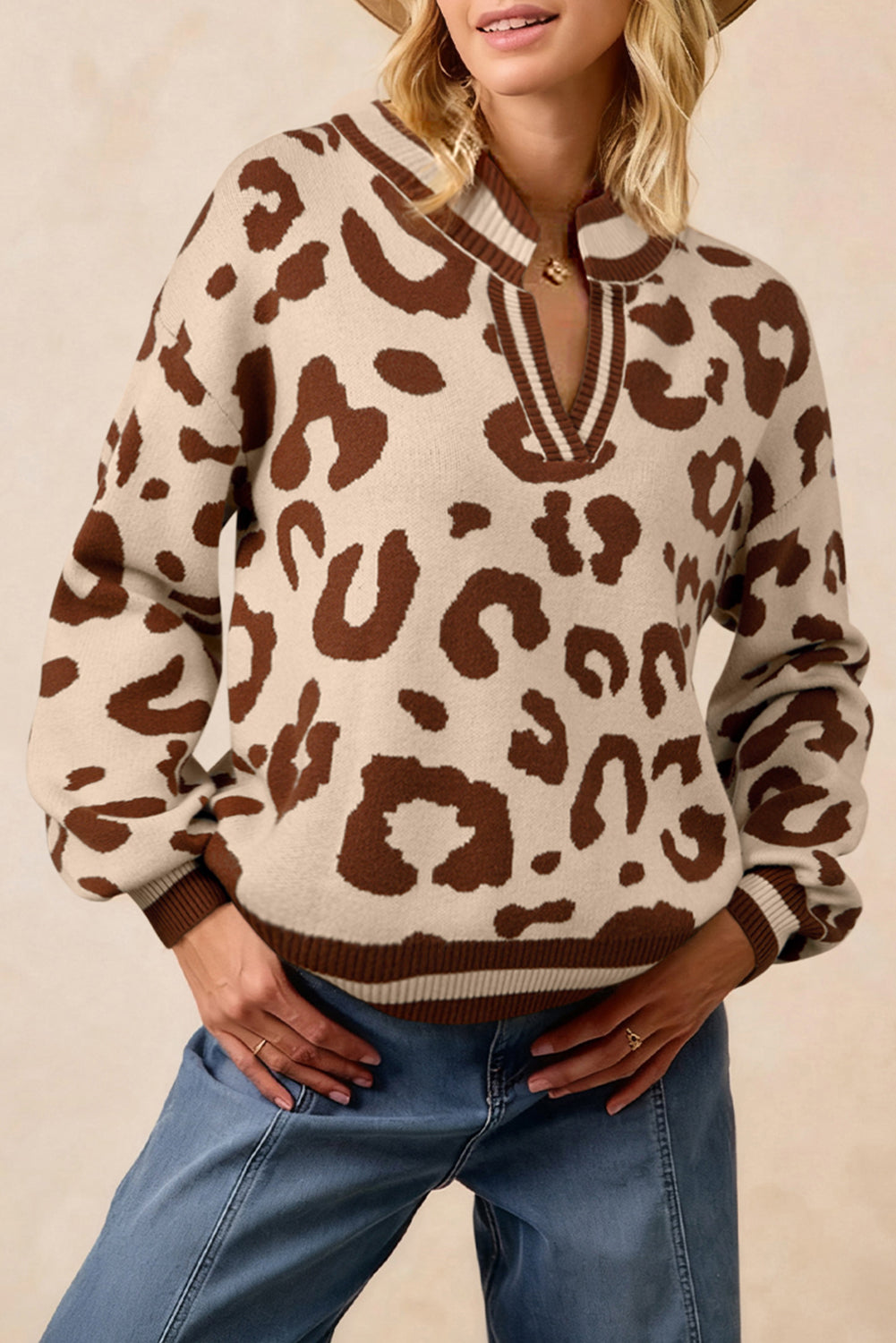 Light French Beige Leopard Printed Knit V Neck Casual Sweater