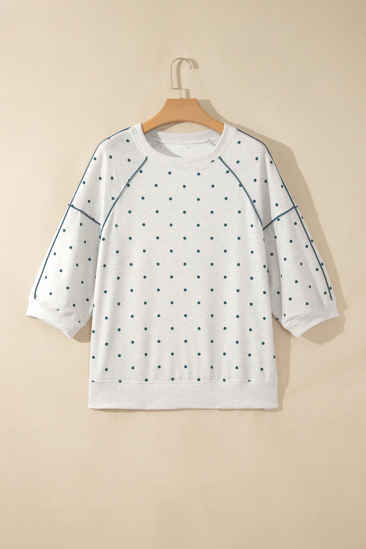 Gray Polka Dot Print Piping Trim 3/4 Sleeve Top