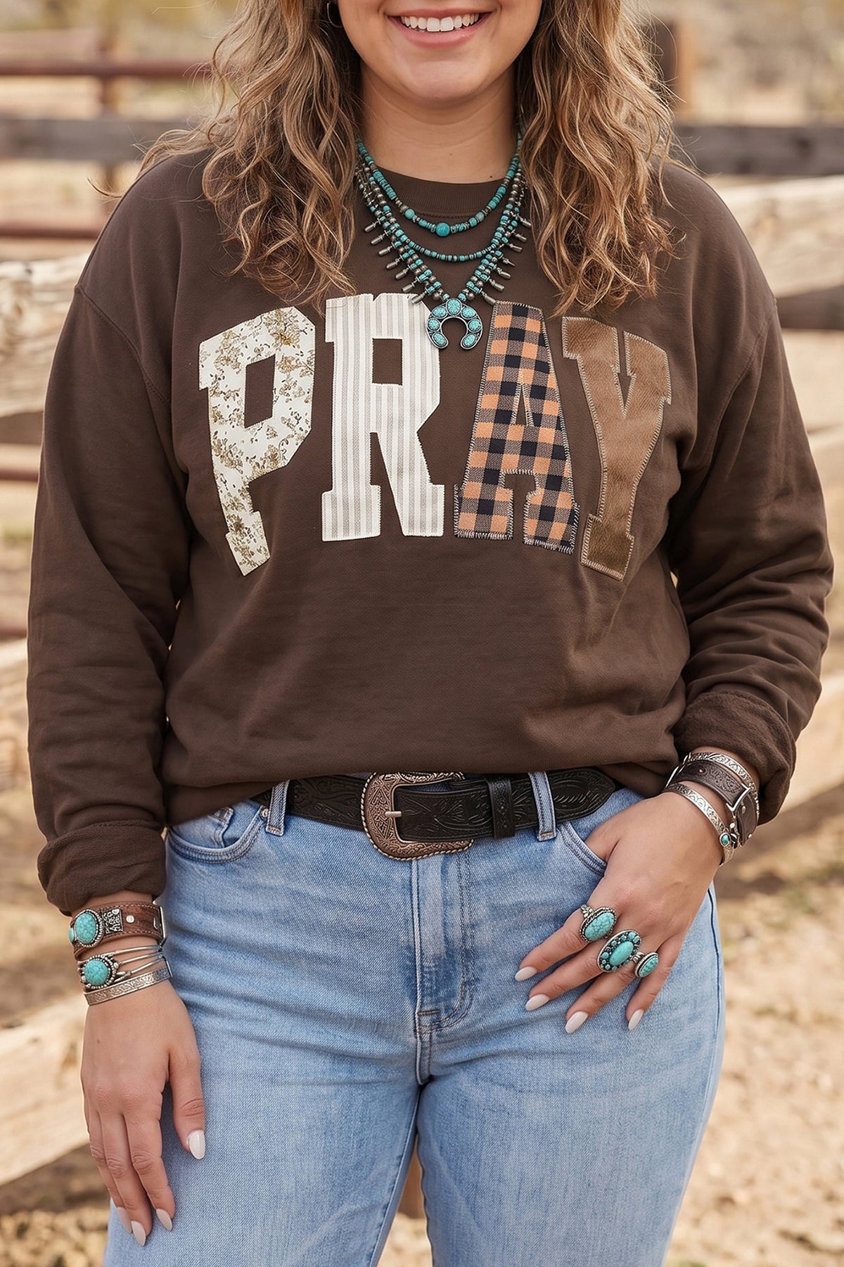 Parchment PRAY Letter Patchwork Round Neck Long Sleeve Plus Size Sweatshirt