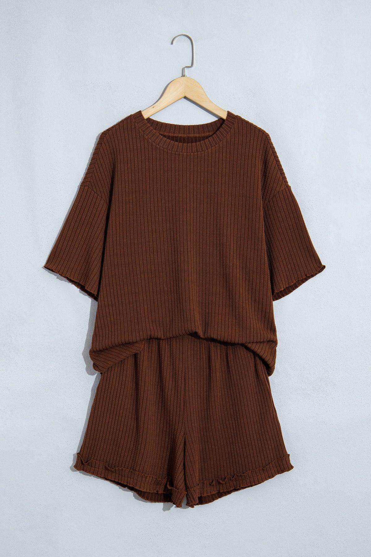 Dark Brown Textured Ribbed Knit Lettuce Trim Lounge Set