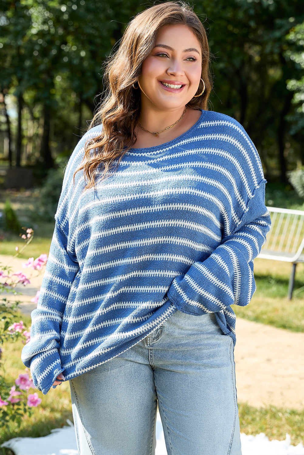 Sky Blue Stripe Drop-Shoulder Round-Neck Plus Size Sweater