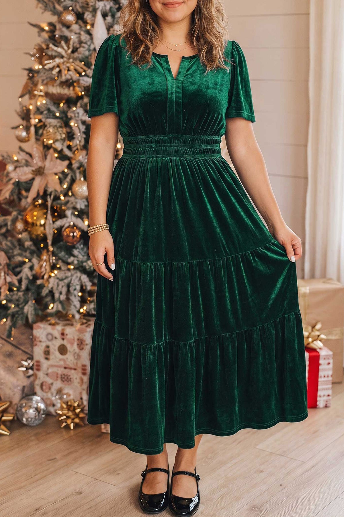 Blackish Green Velvet Shirred Waist Tiered Plus Size Dress