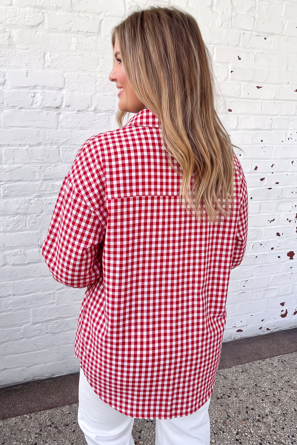 Red Plaid V-Neck Long-Sleeve Tunic Loose Fit Plus Size Shirt