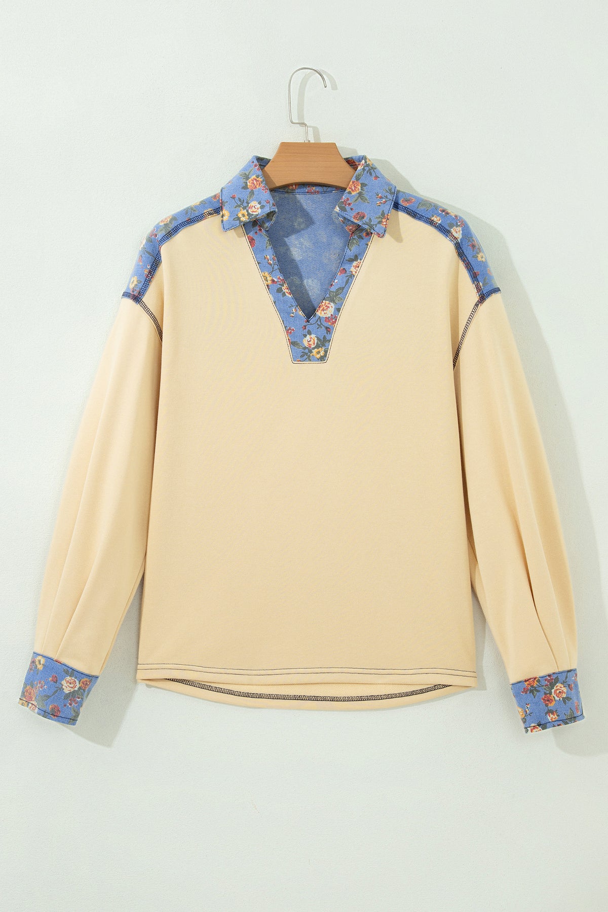 Apricot Floral Denim Patchwork Collar V Neck Top