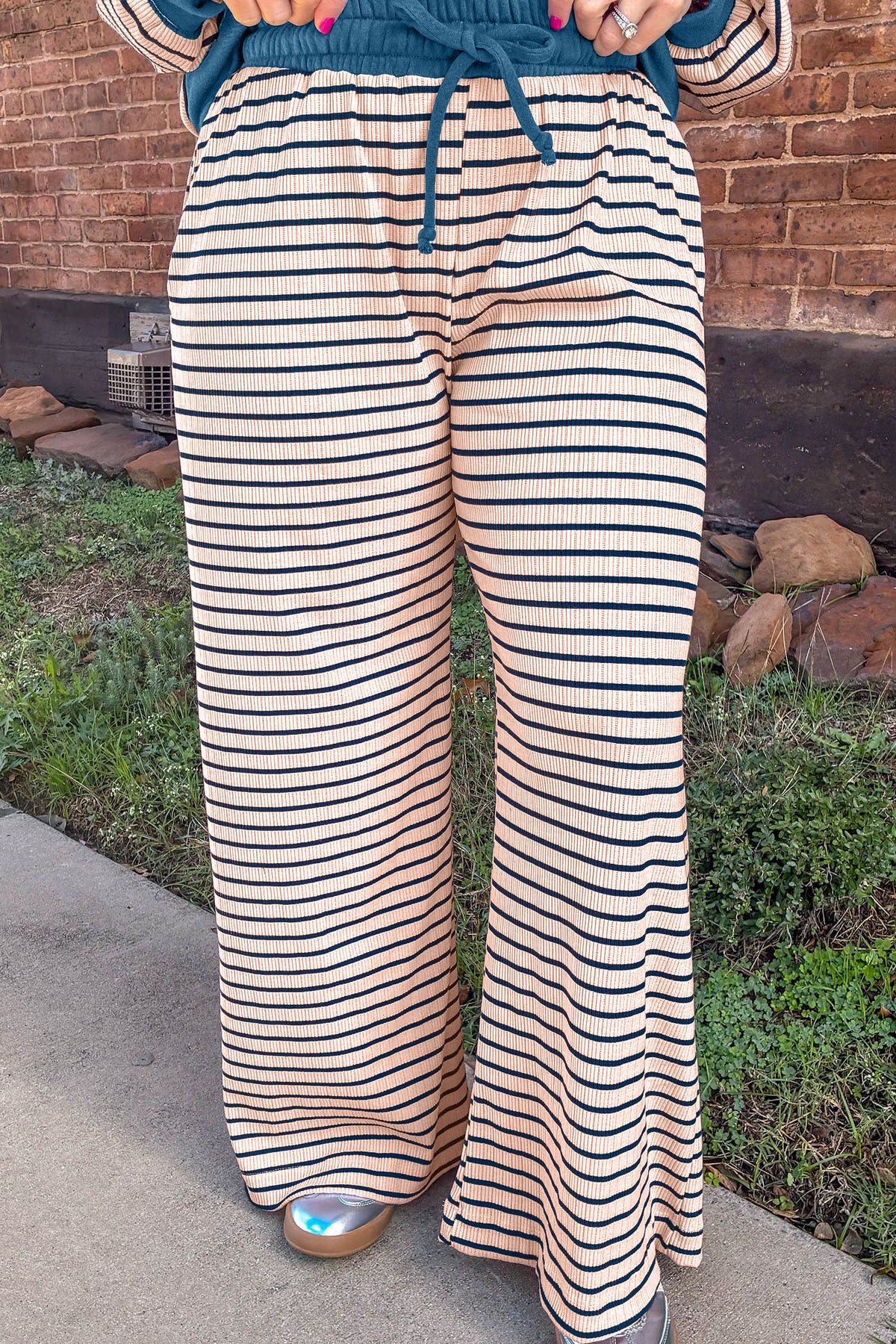 Pink Stripe Striped Color-Block V-Neck Long-Sleeve Plus Size Set
