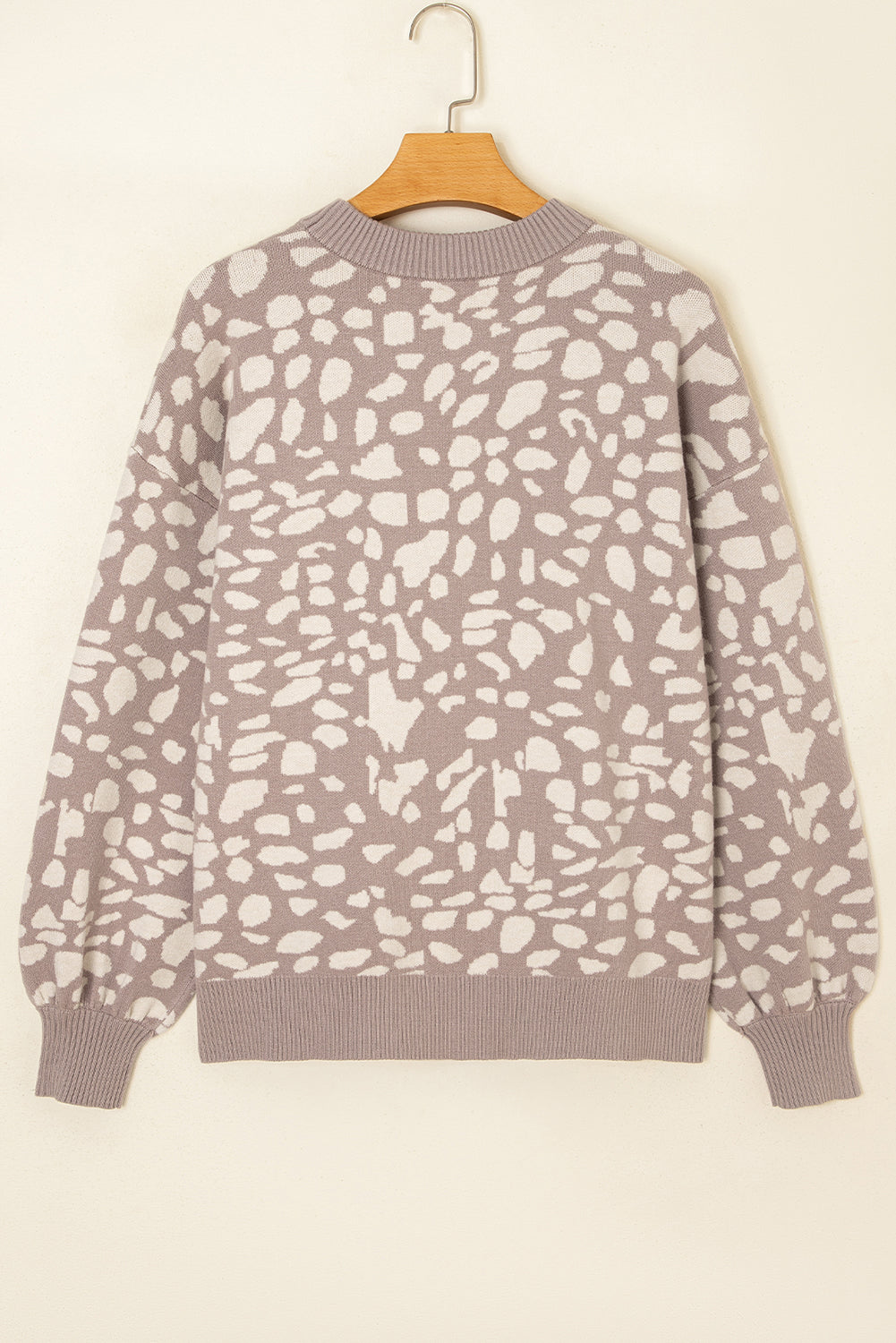 Gray Leopard Spots Pattern Ribbed Trim Drop Shoulder Sweater