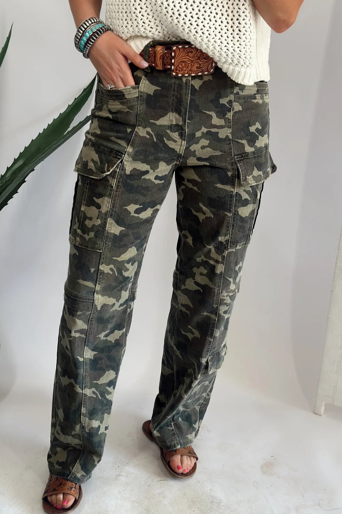 Green Camouflage Print Multi Pocketed Denim Pants