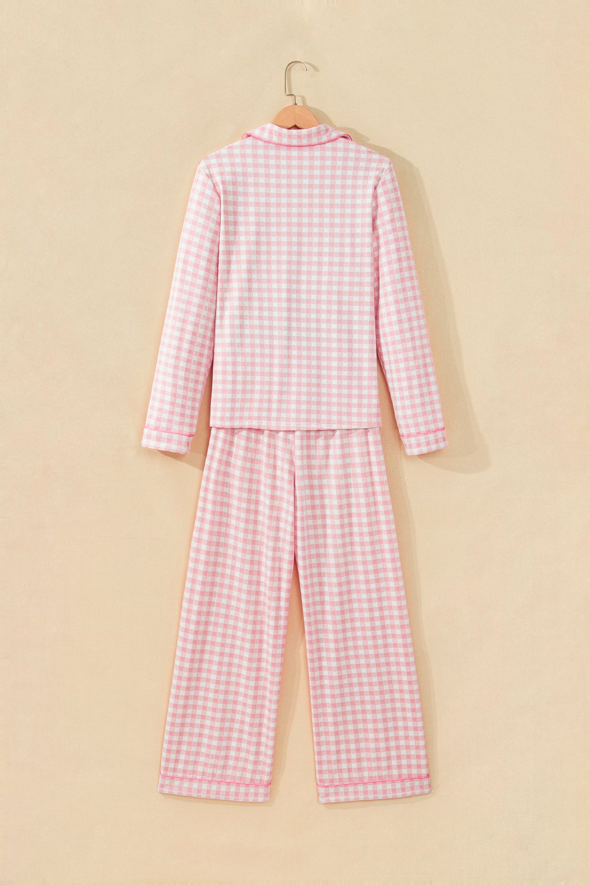 Pink Gingham Long Sleeve Lapel Shirt Pajama Pants Set