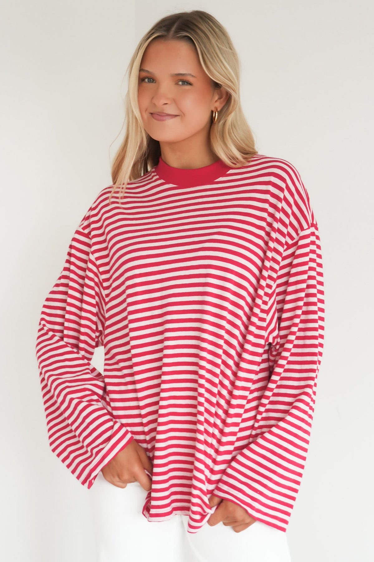 Red Stripe Oversized Round Neck Long Sleeve Top