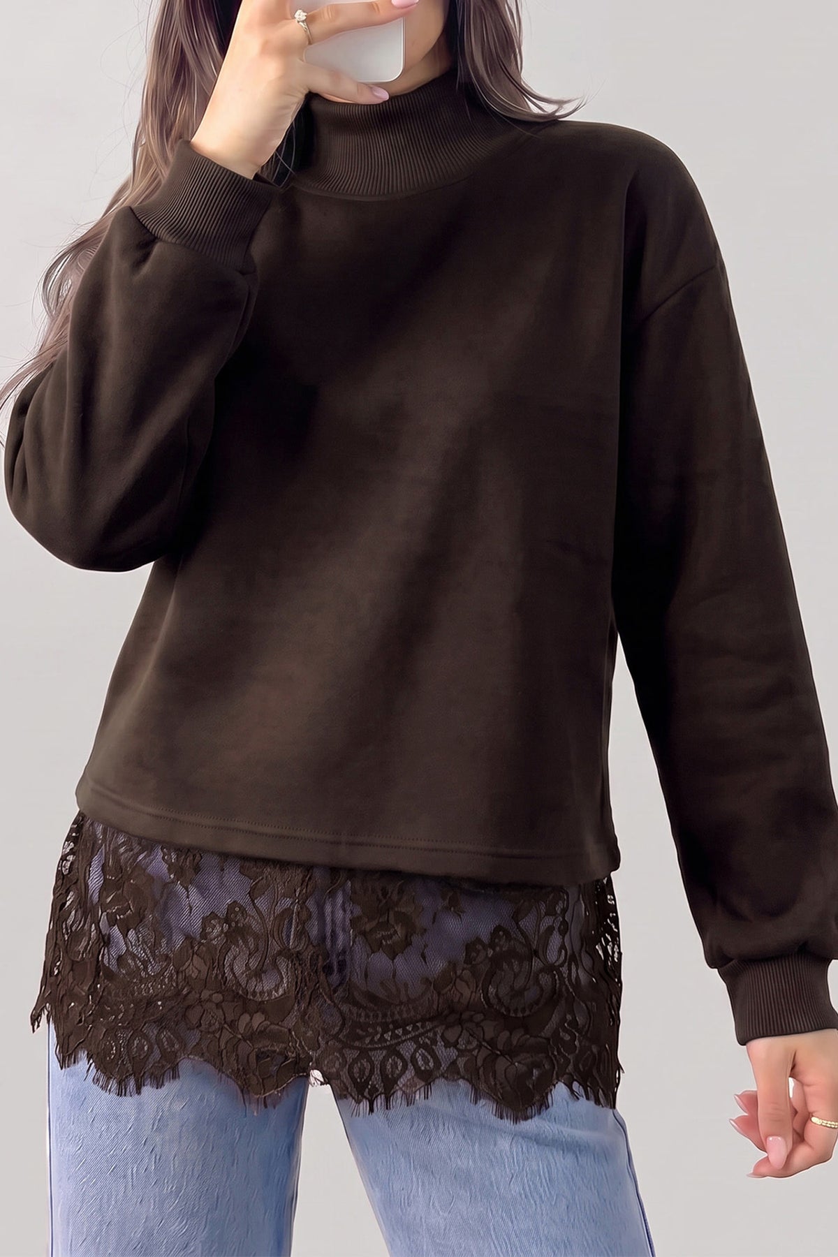 Coffee Solid Color High Neck Lace Splicing Hem Sweatshirt