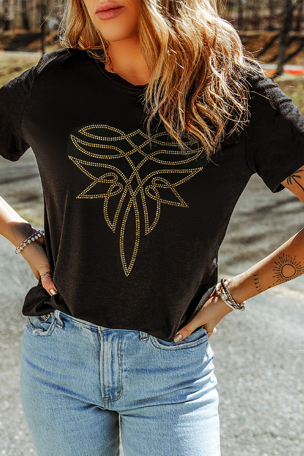Black Rhinestone Western Pattern Cotton Blend Graphic T-Shirt