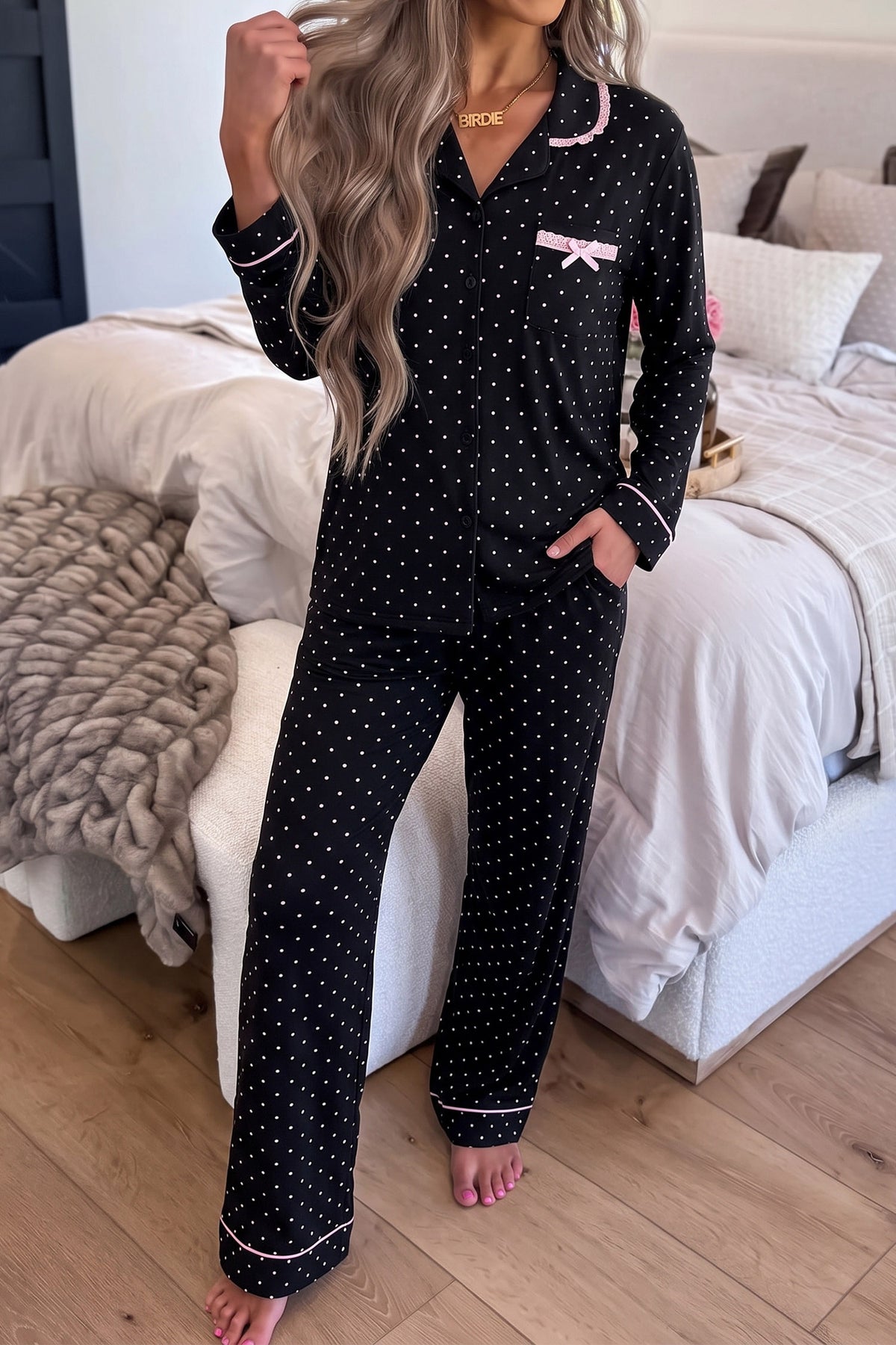 Black Polka Dot Long Sleeve Shirt Lace Detail Pajama Pants Set