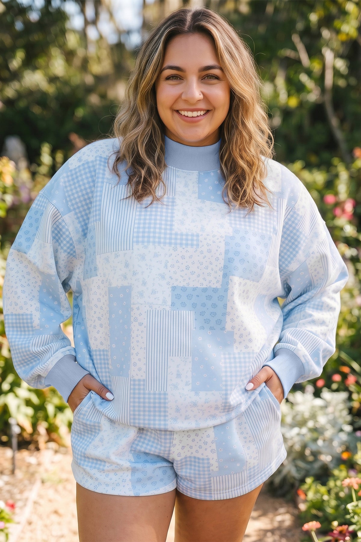 Sky Blue Patchwork Floral Print Stand Neck Long-Sleeve Two-piece Outfit Plus Size Set