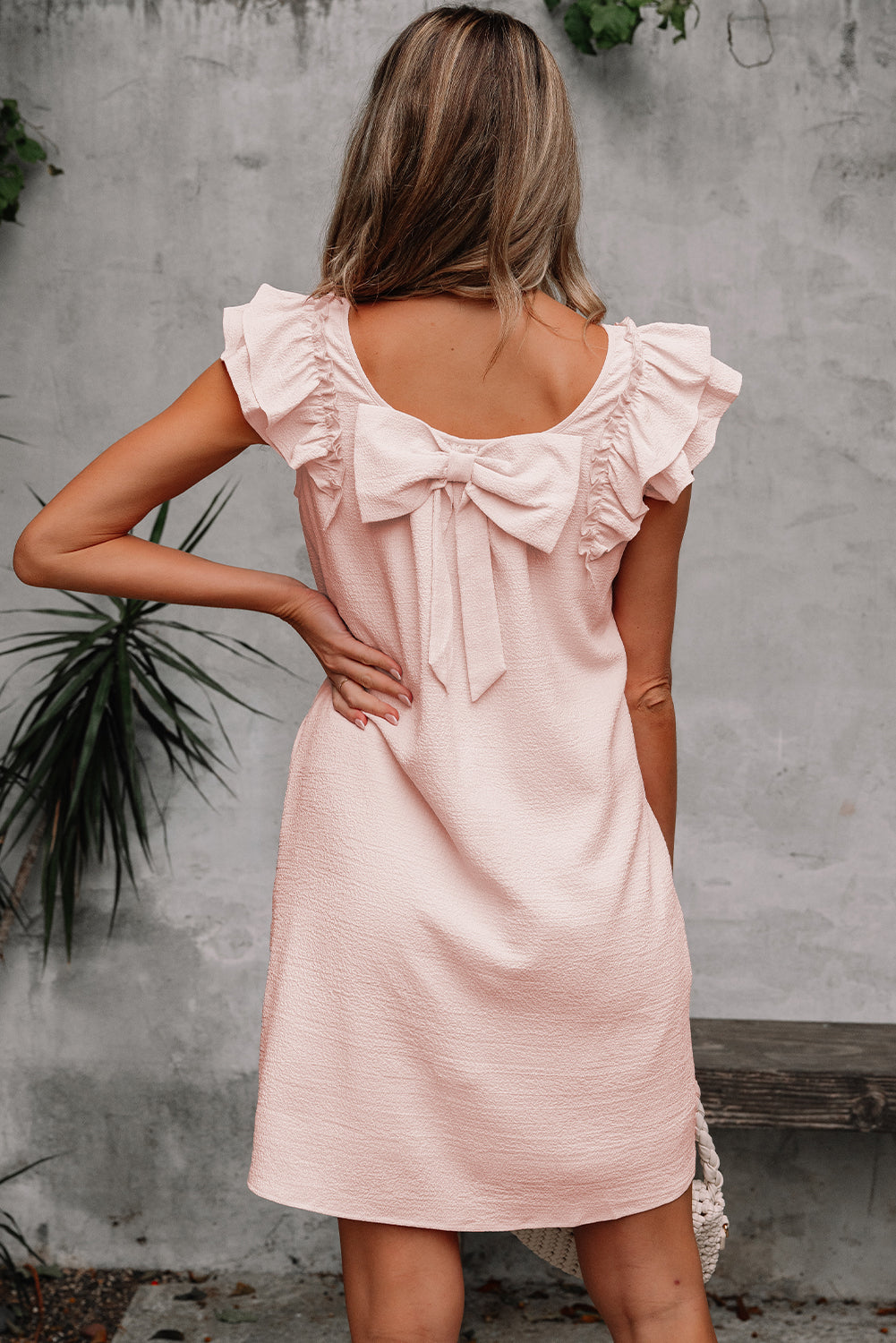 Light Pink Textured Flutter Sleeve Square Neck Bow Back Mini Dress