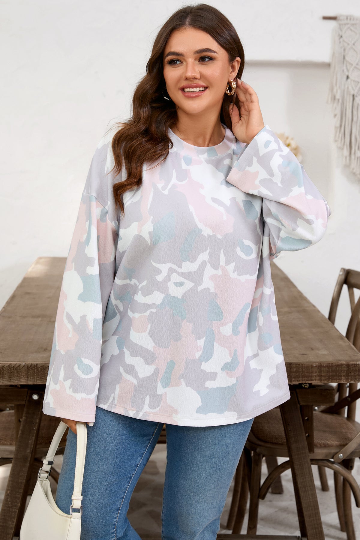 Green Plus Size Camouflage Print Drop-Shoulder Loose Pullover Top