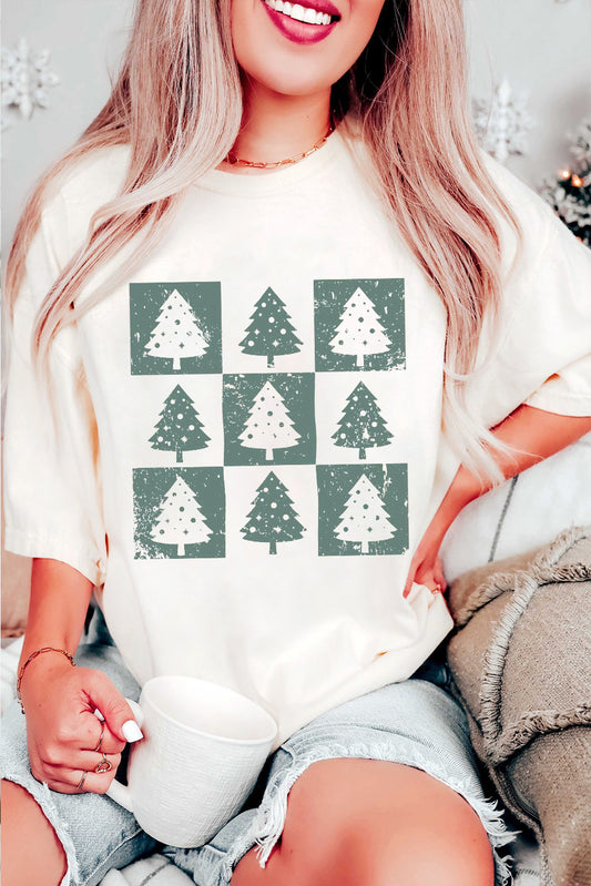 White Christmas Tree Checkered Distressed Graphic Oversize Tee