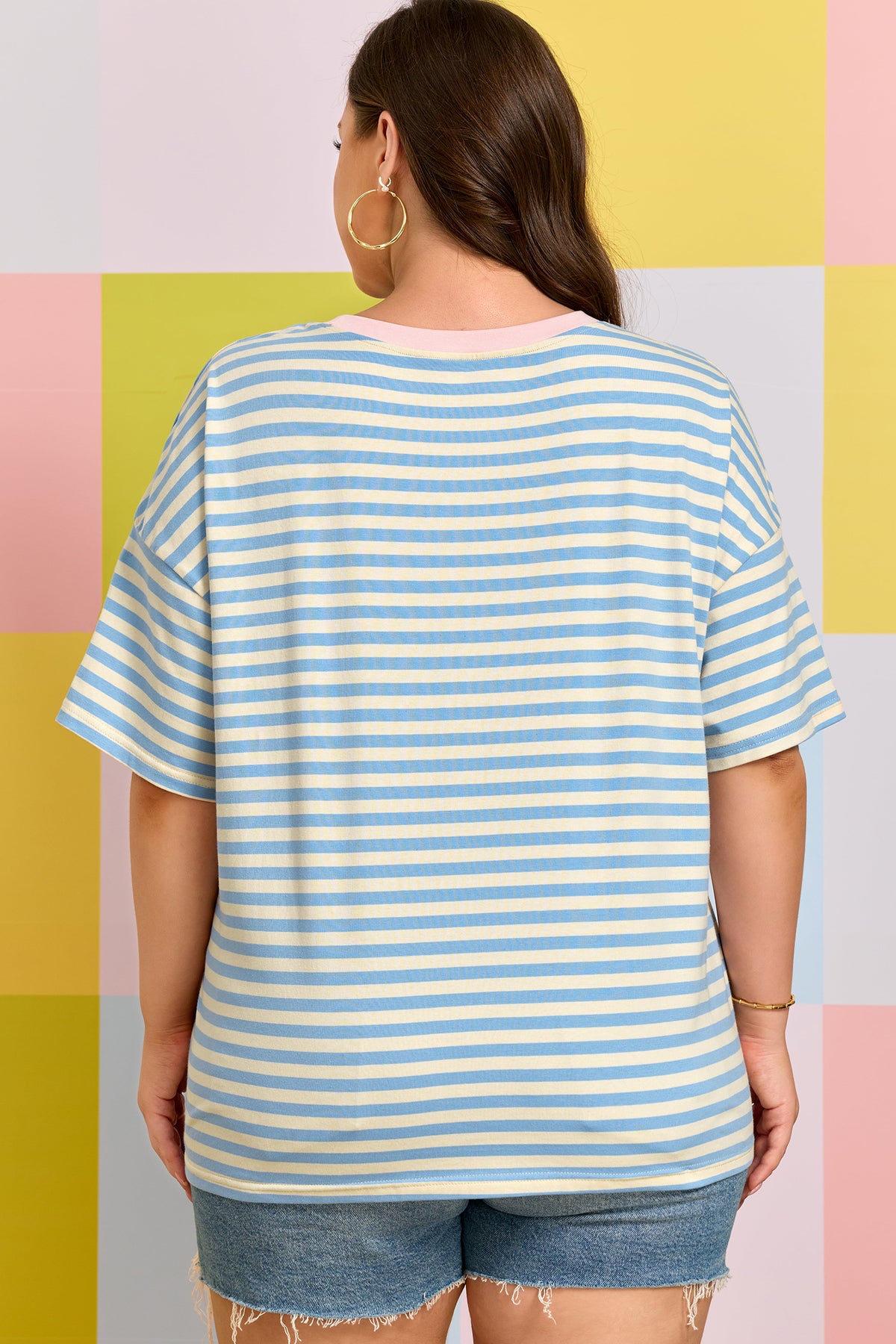 Sky Blue Stripe Plus Size Drop-Shoulder Contrast Trim Round-Neck Tee